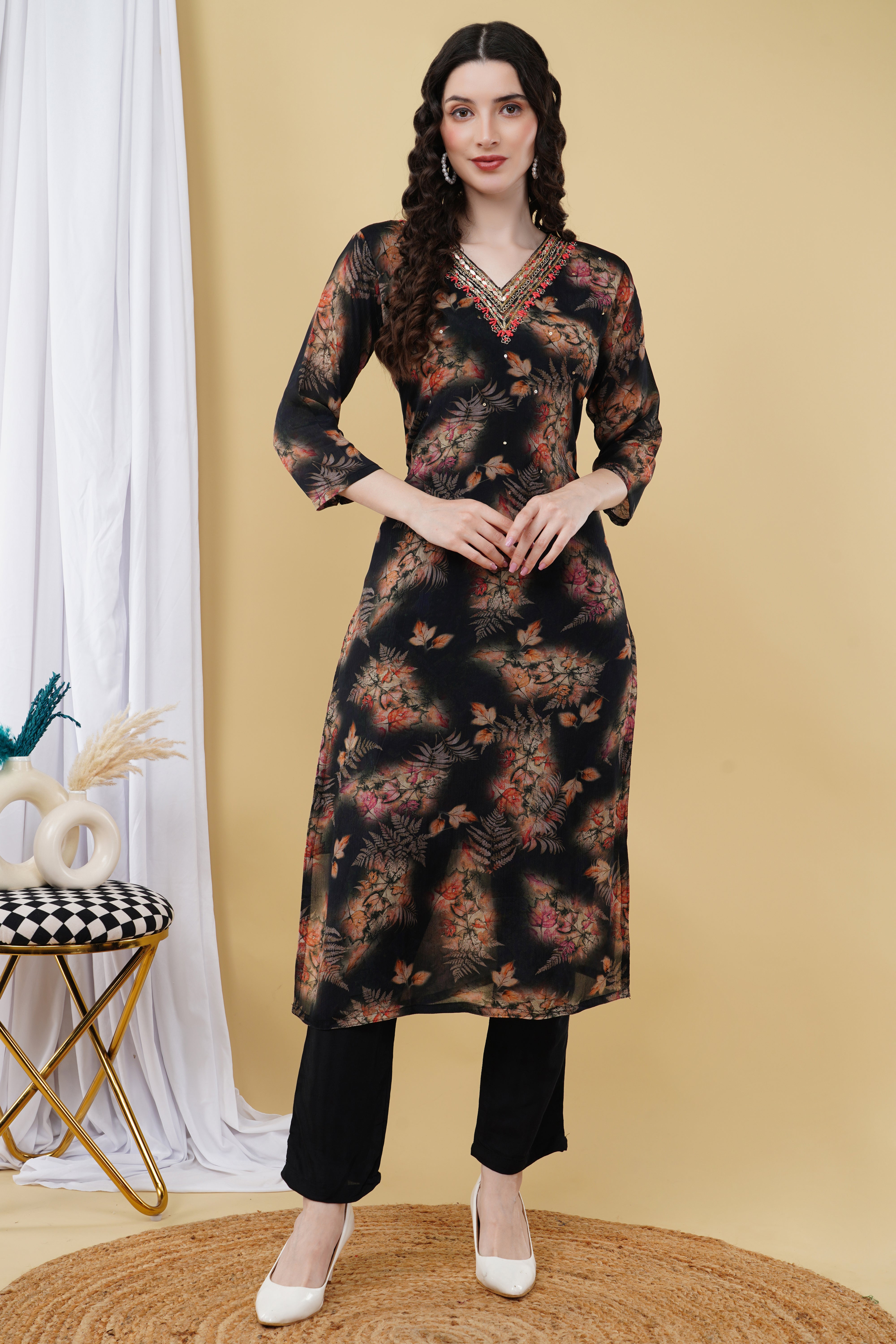 black chinnon chiffon digital printed suit K559