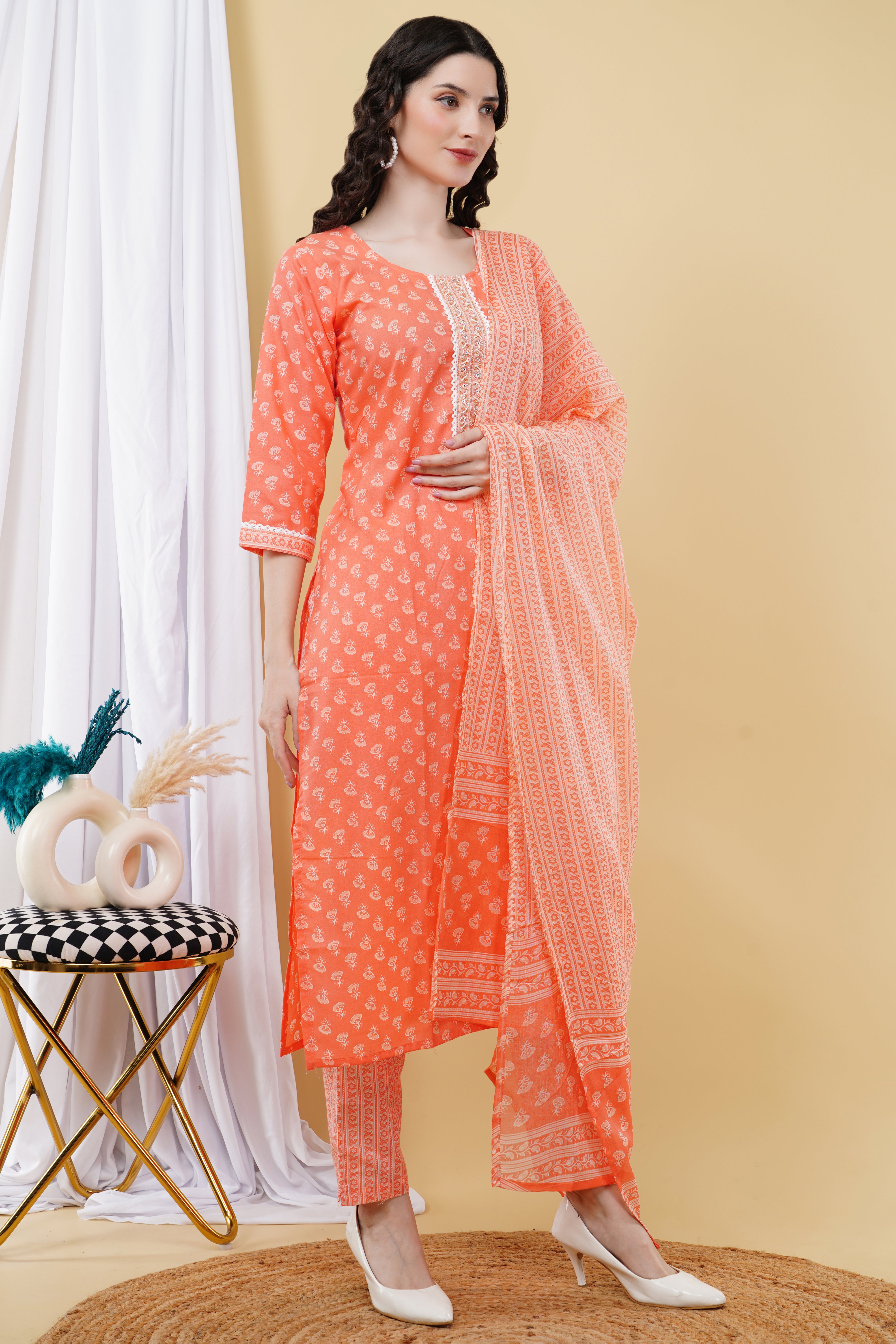 pure cotton printed with light handwork K561 PEACH