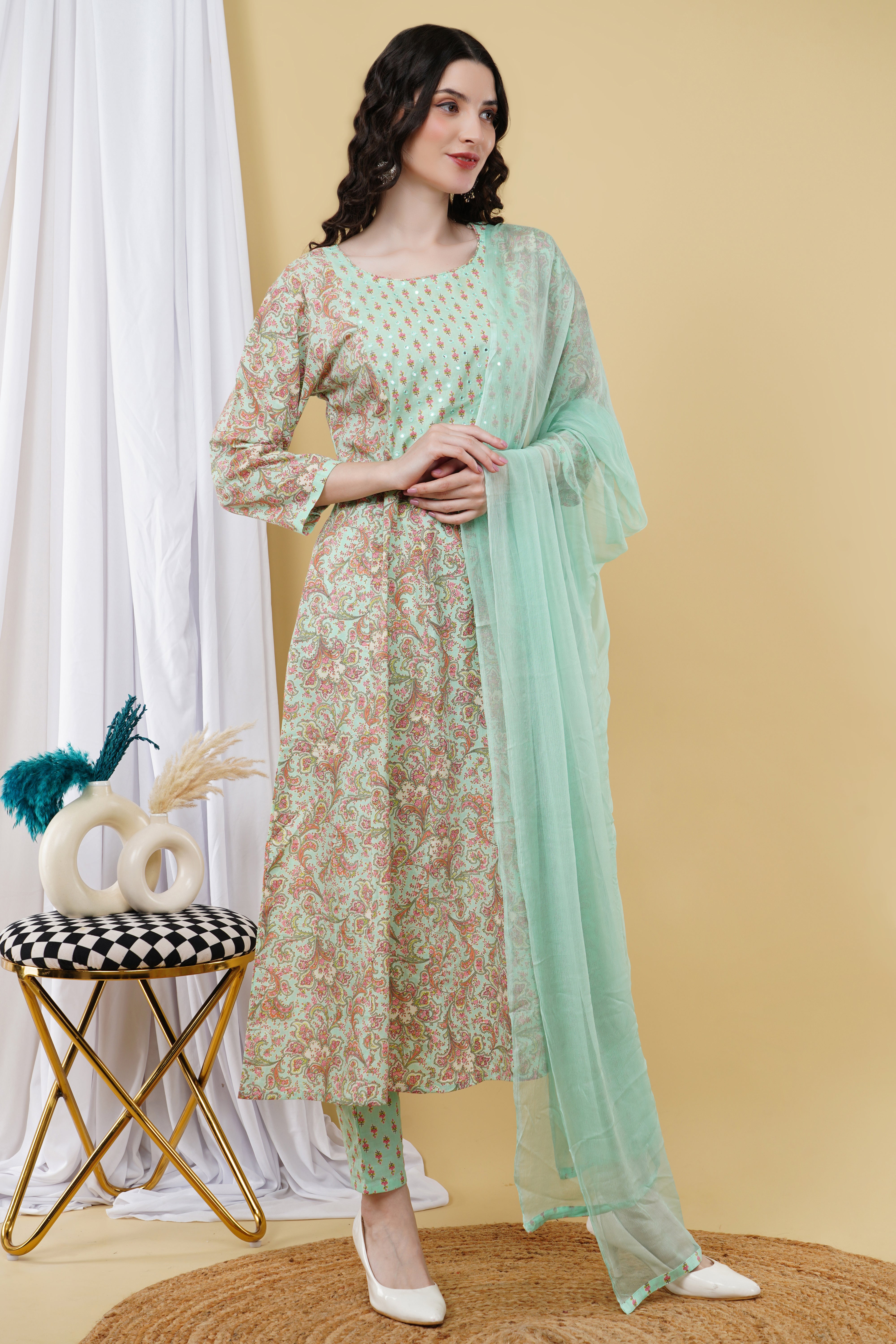 cotton anarkali with embroidery K520 green