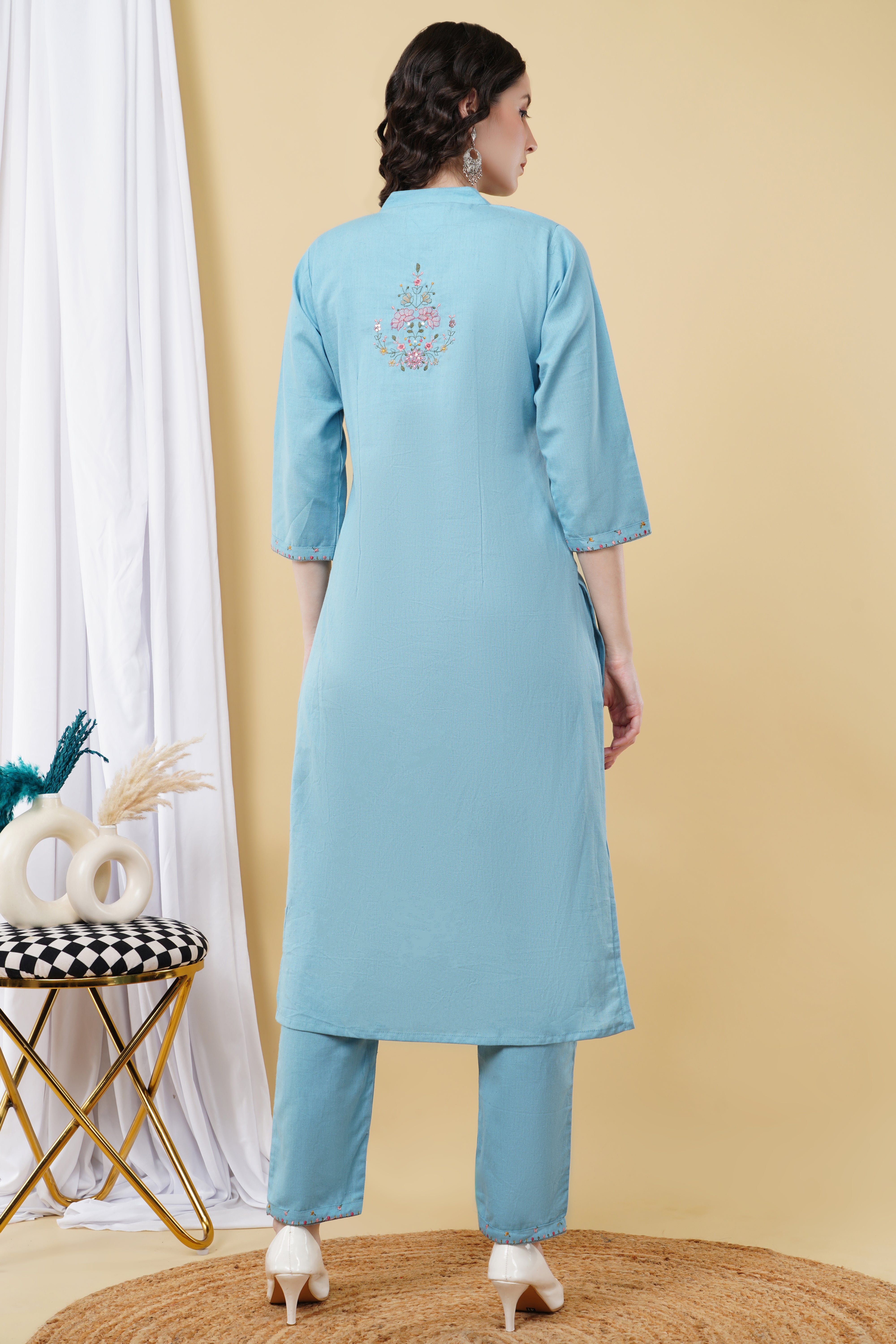 LINEN COTTON with kashmiri work K546 sky blue