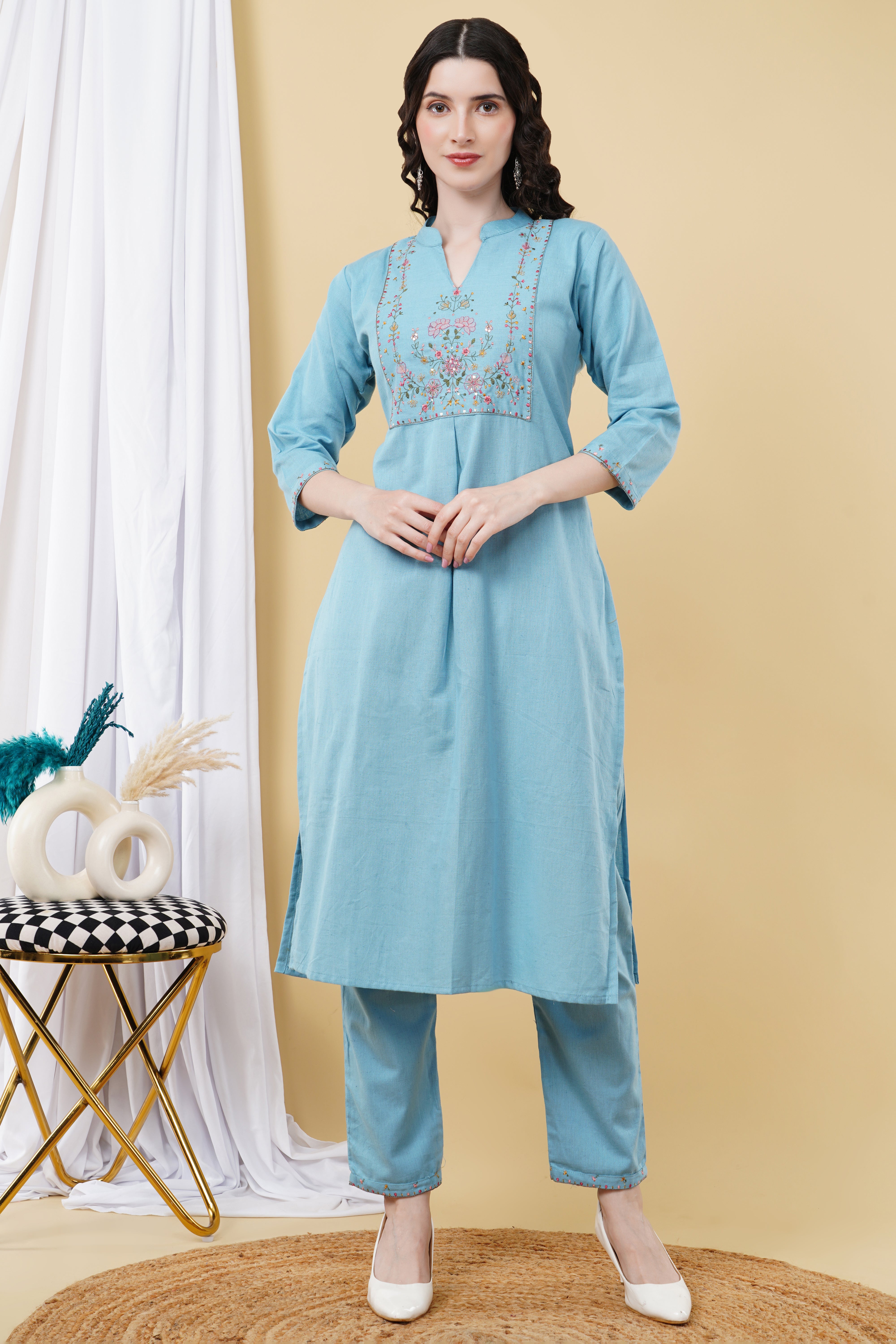 LINEN COTTON with kashmiri work K546 sky blue