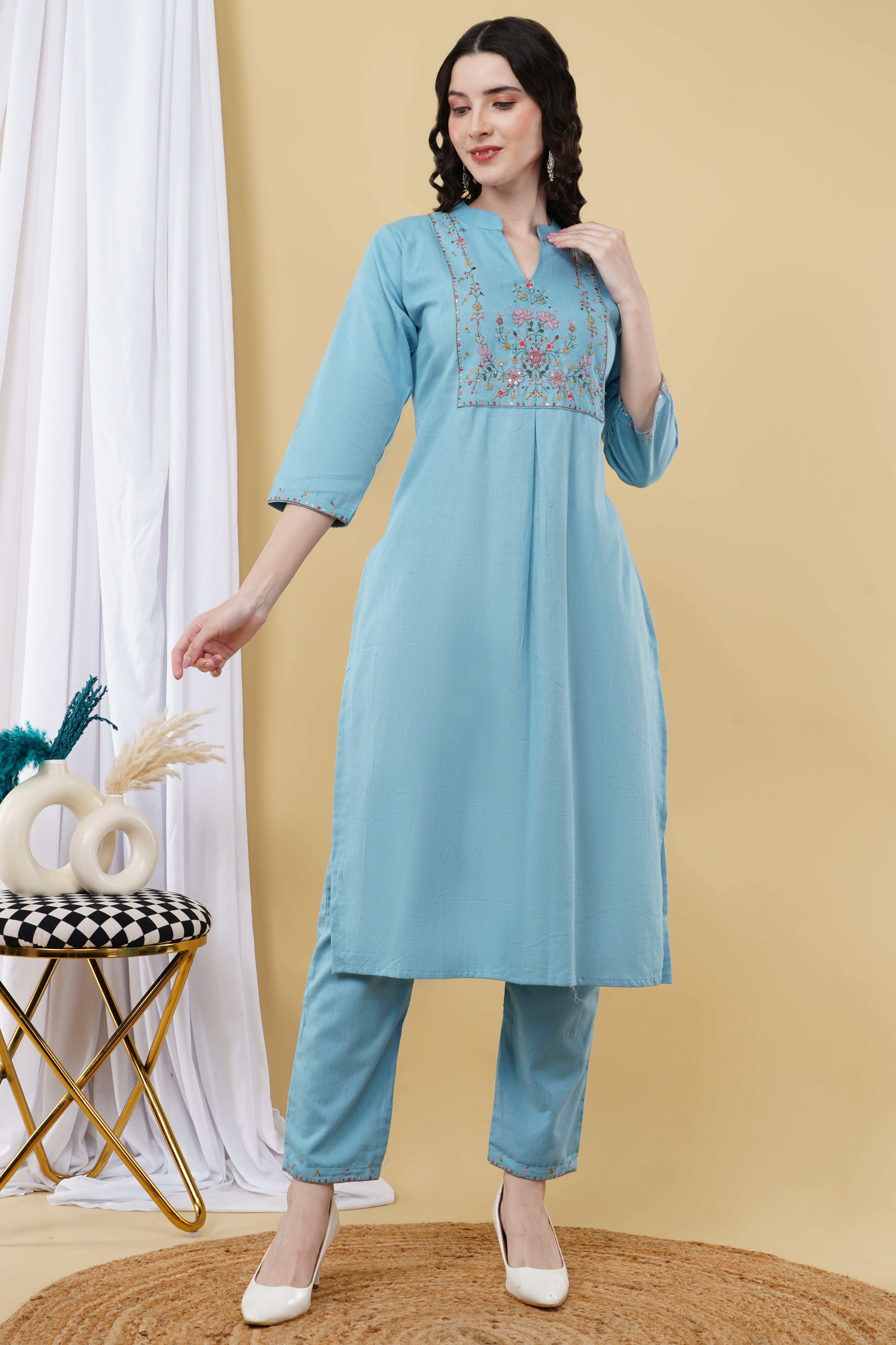 LINEN COTTON with kashmiri work K546 sky blue