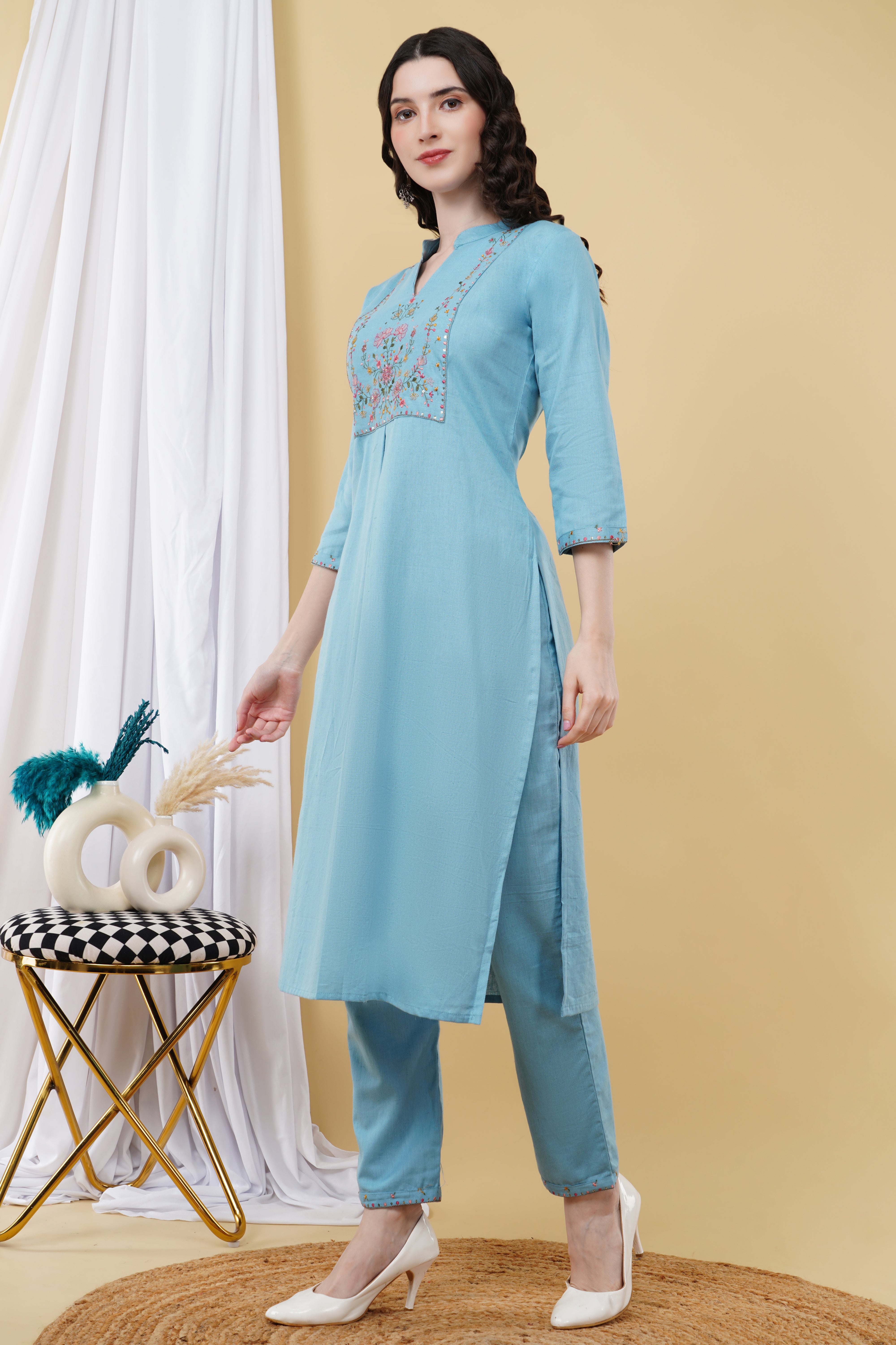 LINEN COTTON with kashmiri work K546 sky blue