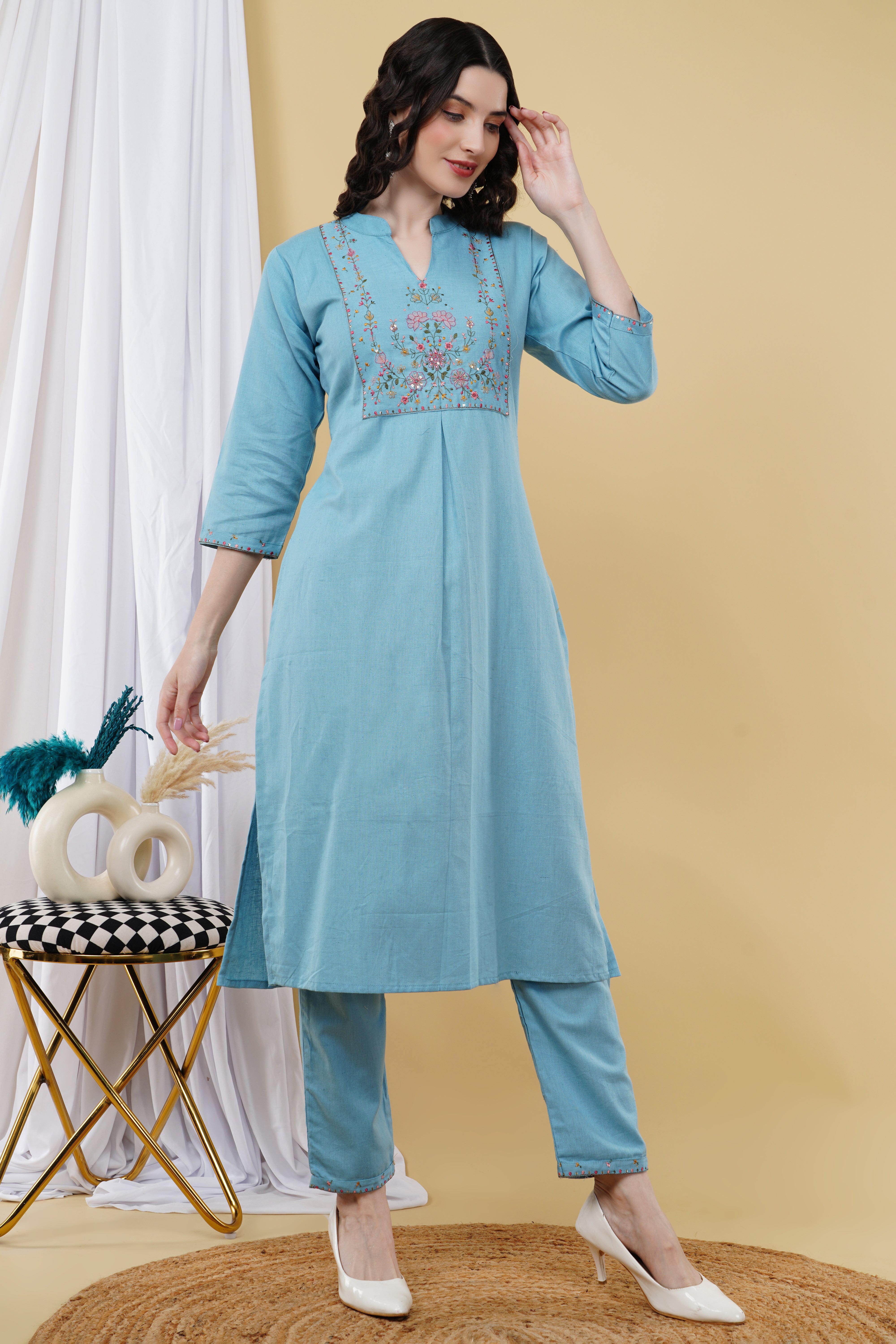 LINEN COTTON with kashmiri work K546 sky blue