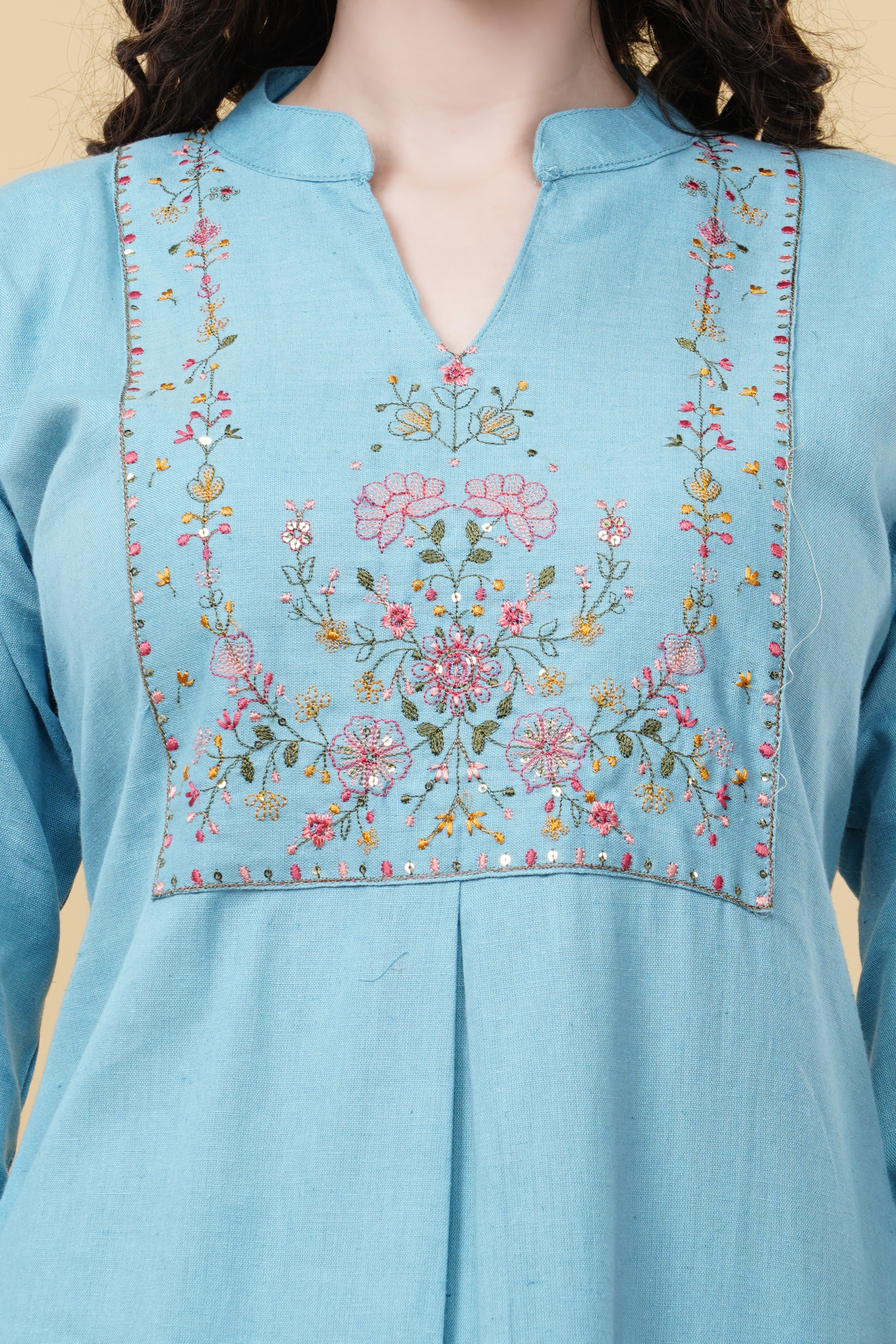 LINEN COTTON with kashmiri work K546 sky blue