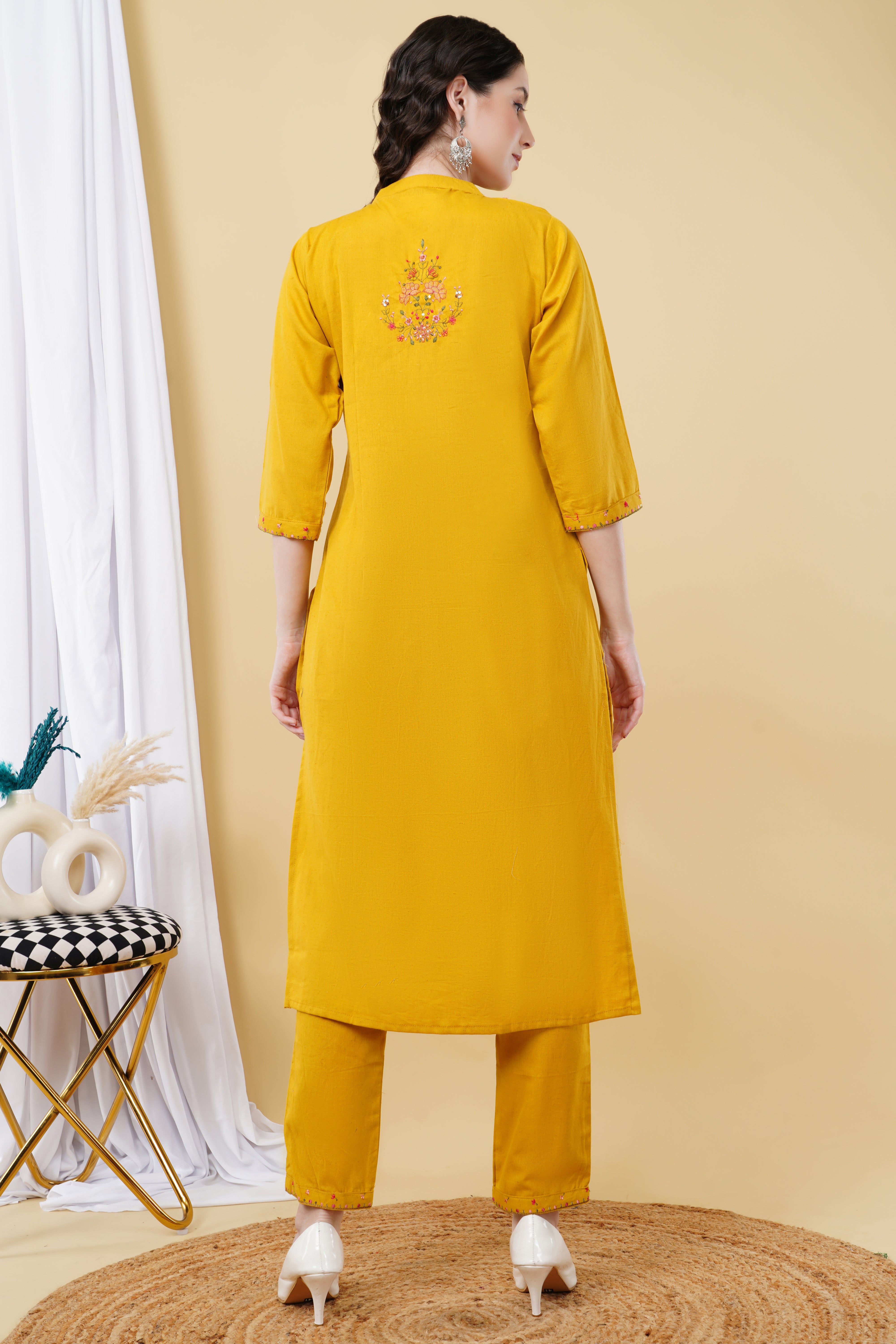 linen cotton with kashmiri embroidery K546 musturd yellow