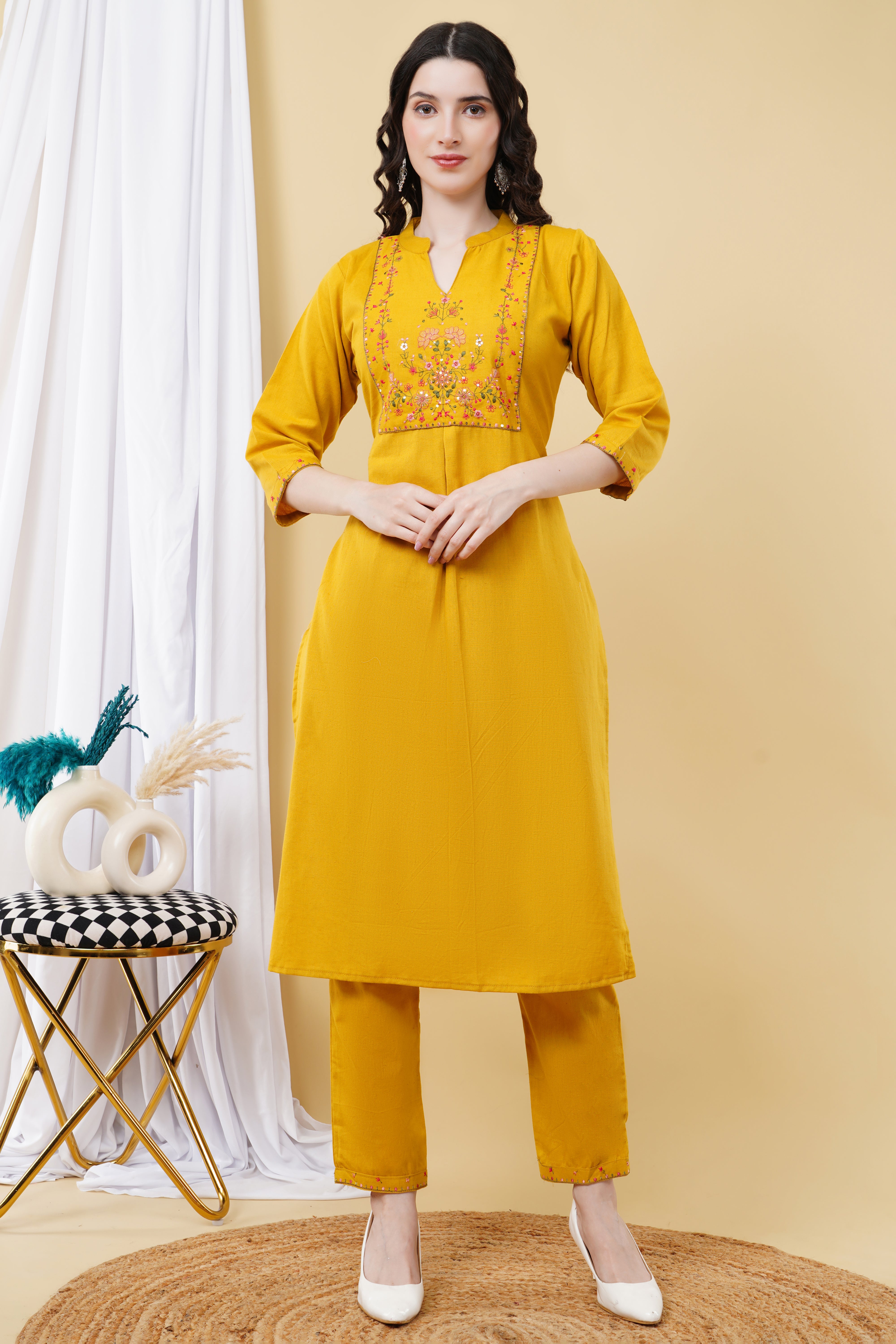 linen cotton with kashmiri embroidery K546 musturd yellow