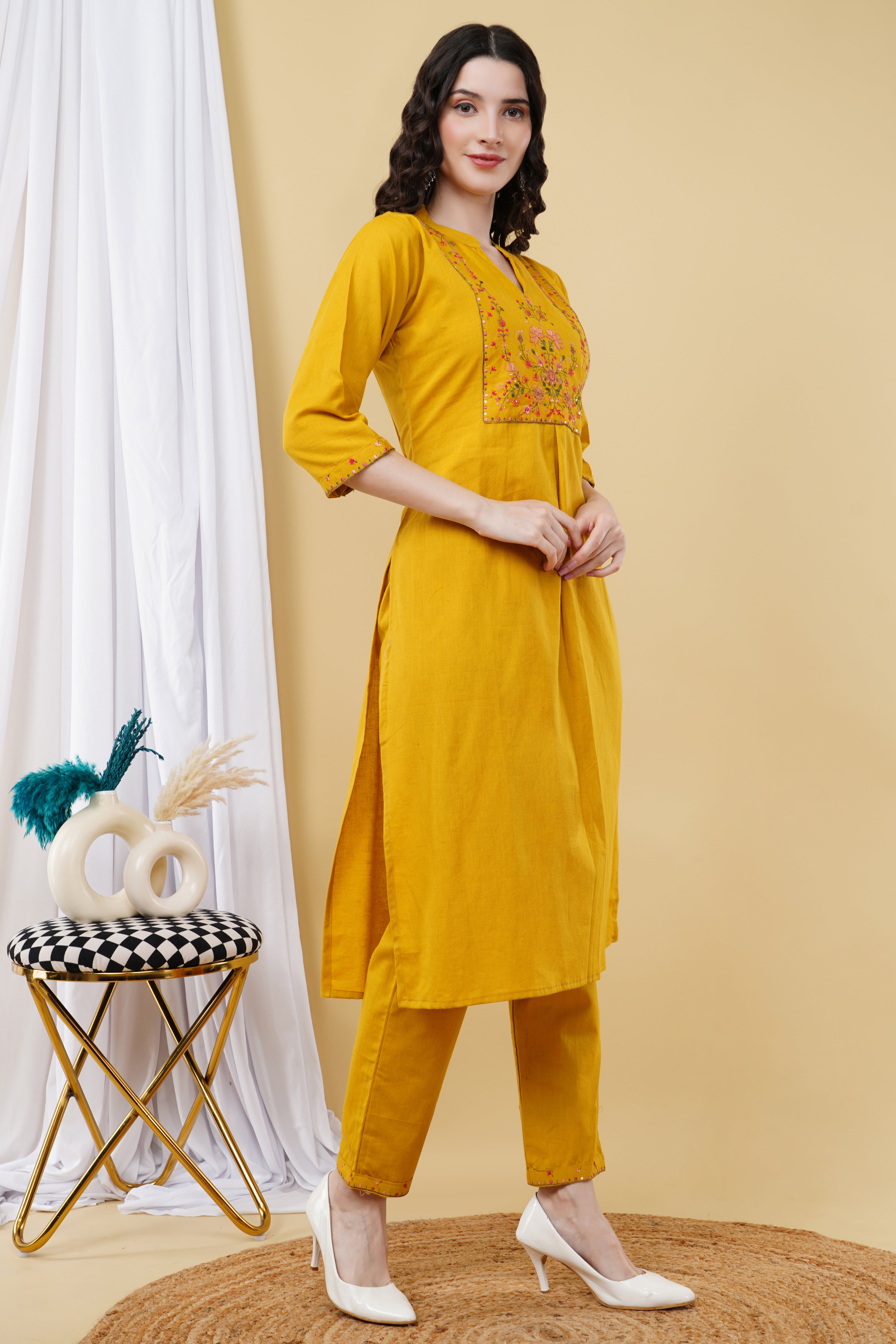 linen cotton with kashmiri embroidery K546 musturd yellow