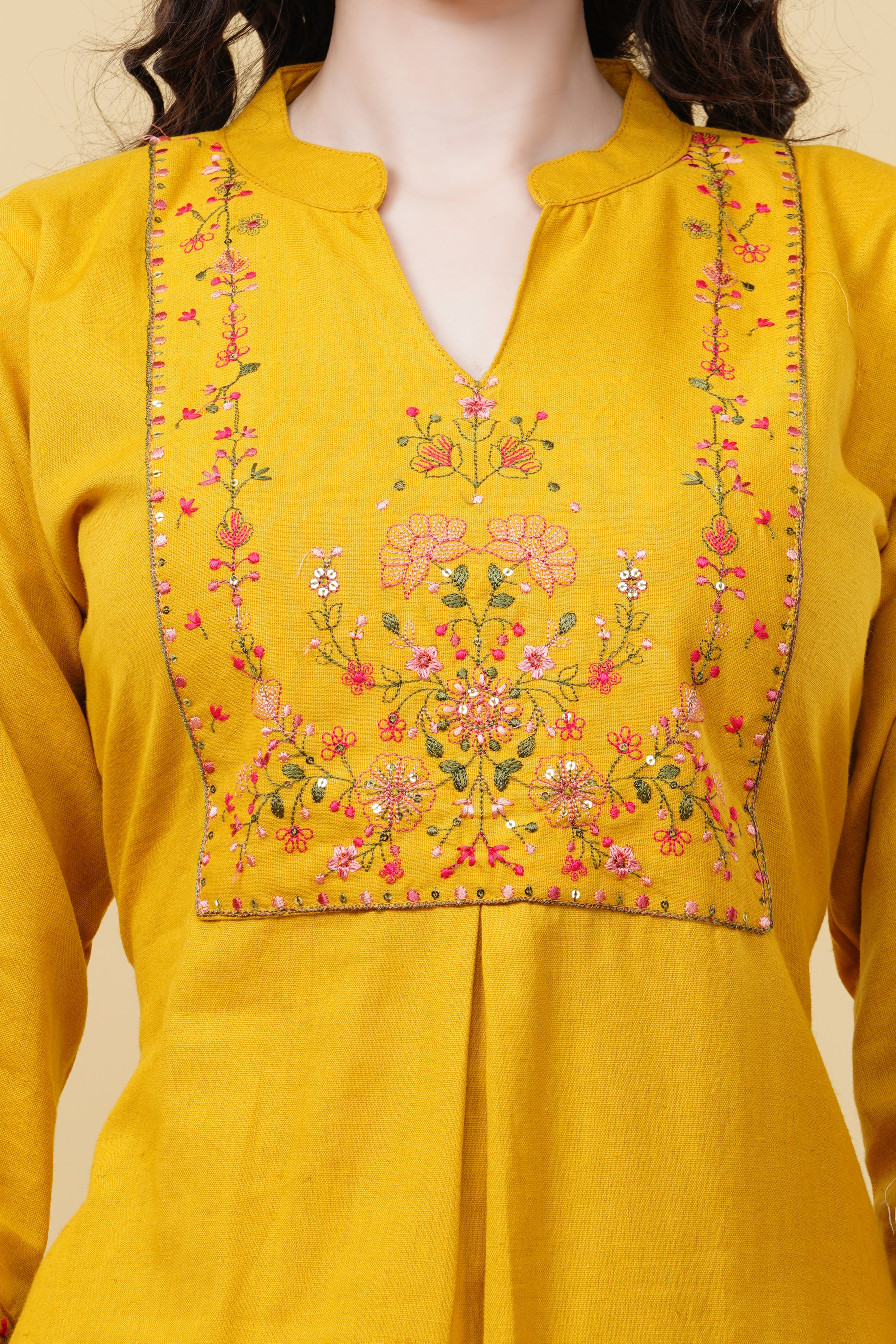 linen cotton with kashmiri embroidery K546 musturd yellow