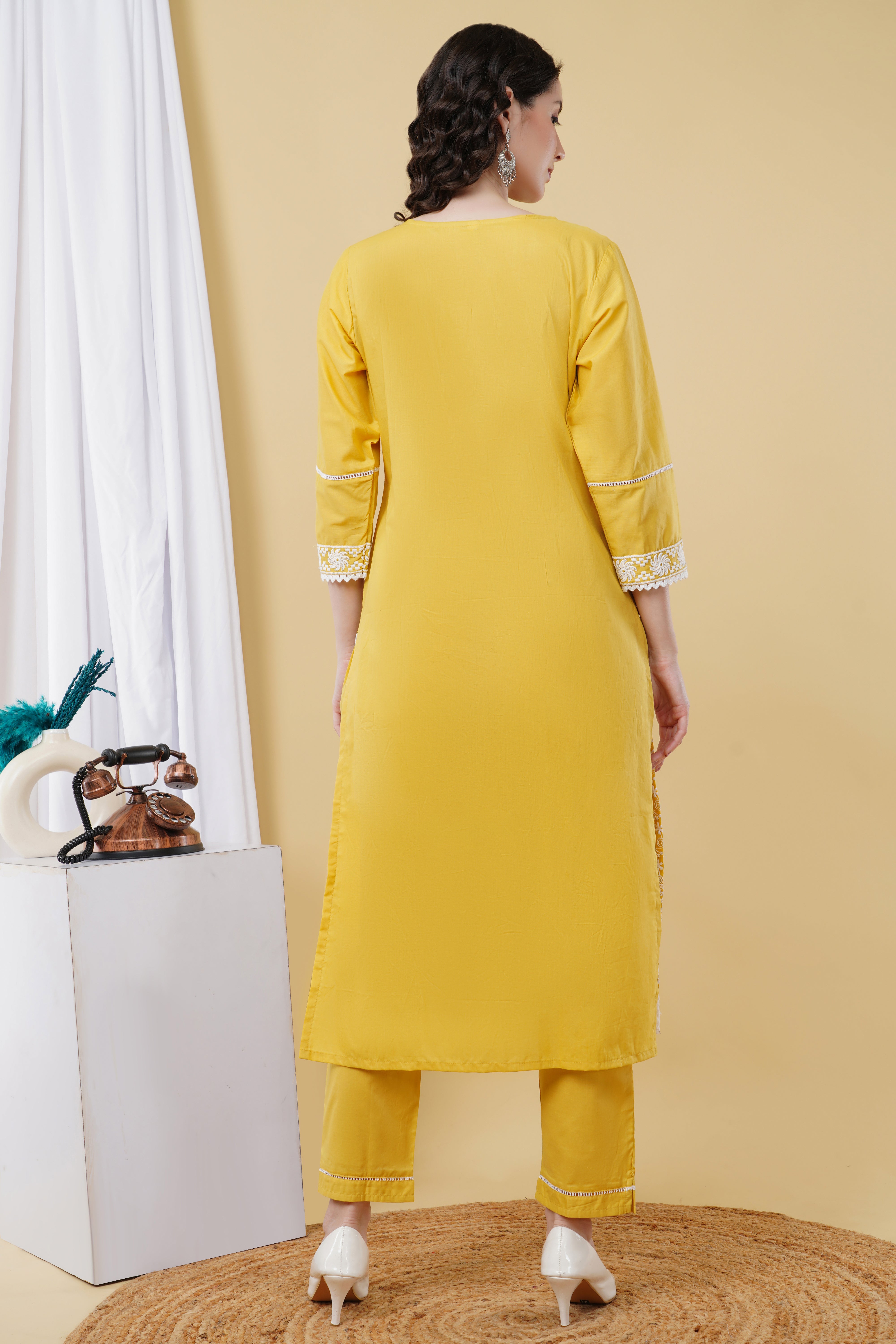 pure cotton thread embroidery kurta set K563 (musturd - yellow)