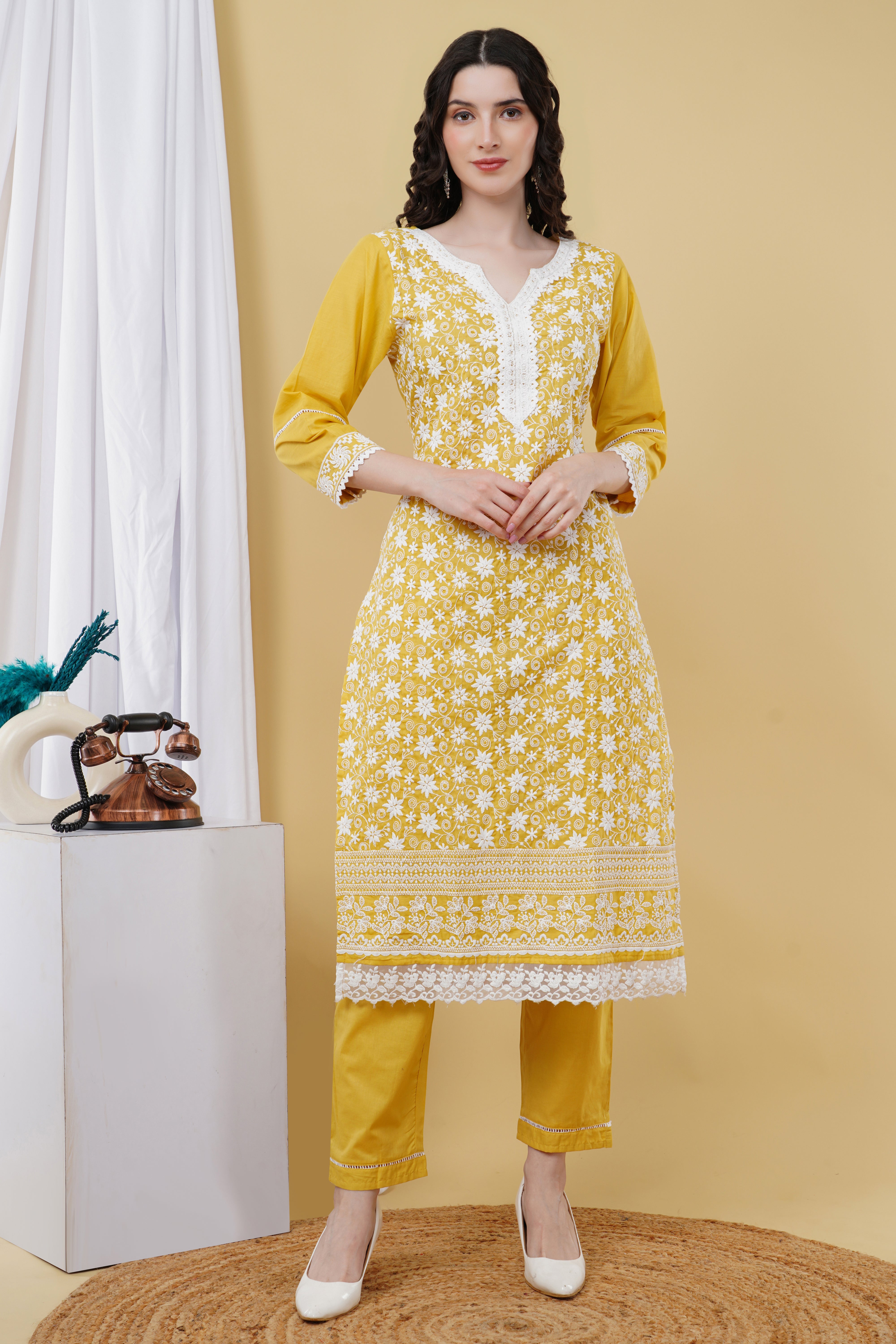 pure cotton thread embroidery kurta set K563 (musturd - yellow)