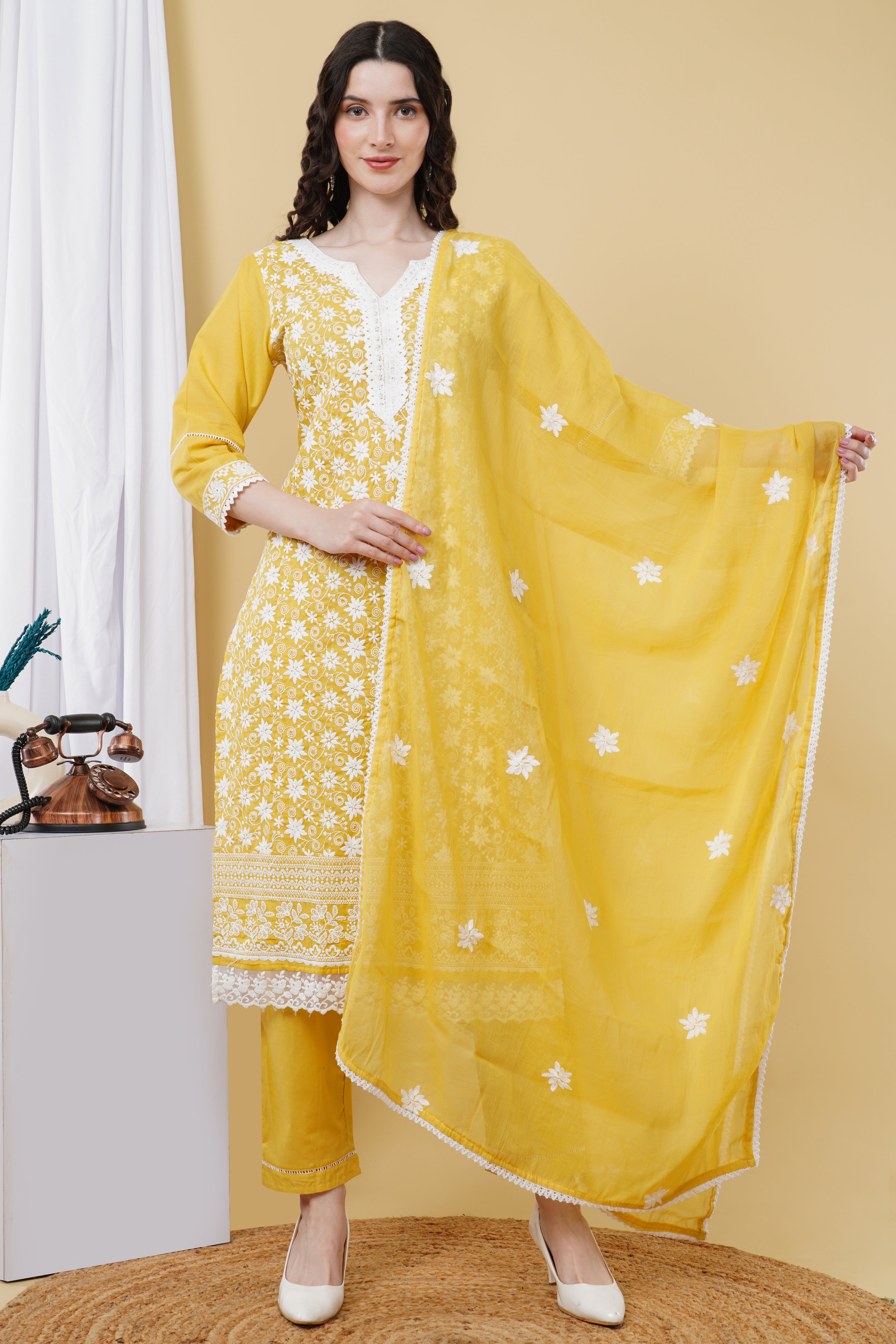 pure cotton thread embroidery kurta set K563 (musturd - yellow)