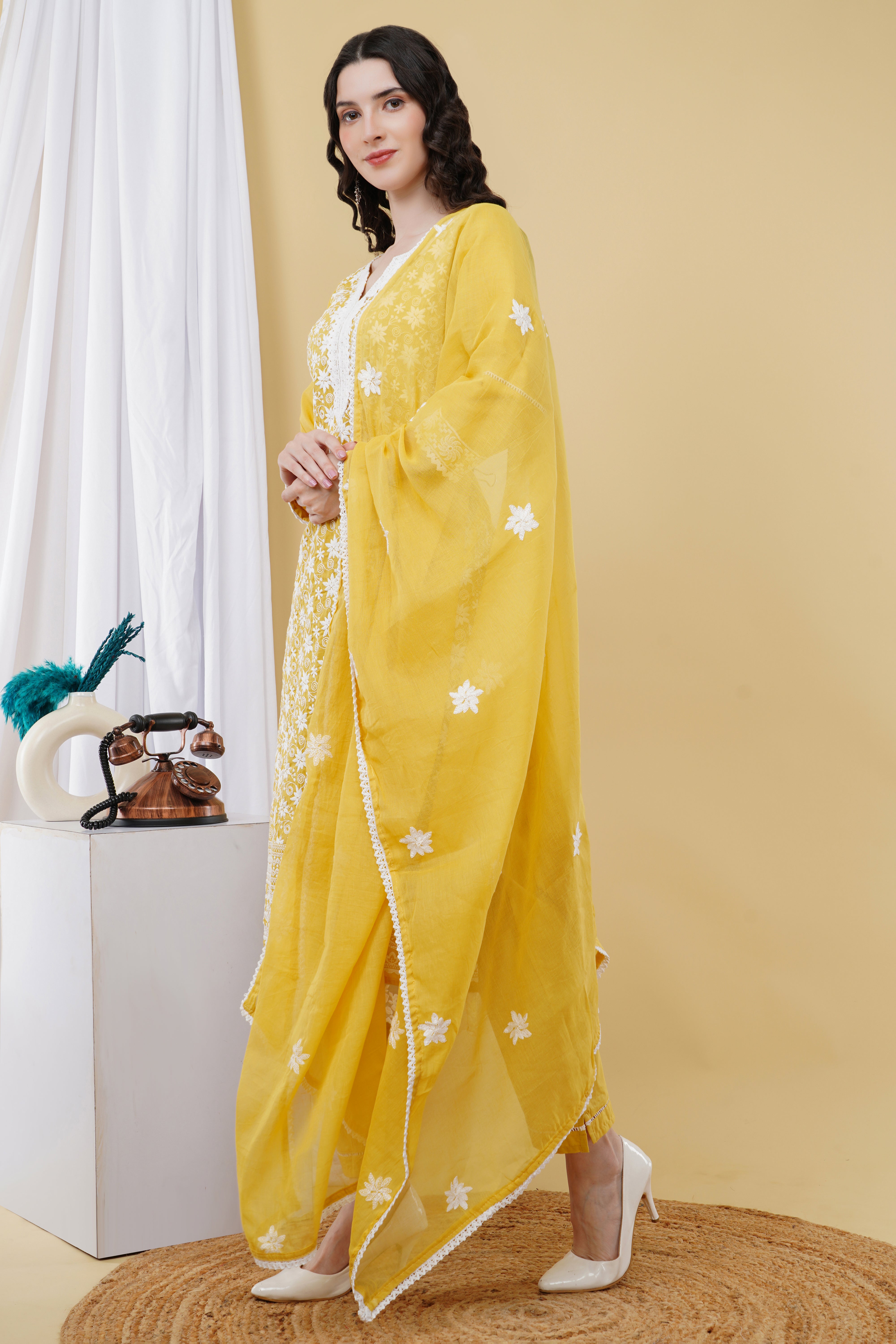 pure cotton thread embroidery kurta set K563 (musturd - yellow)