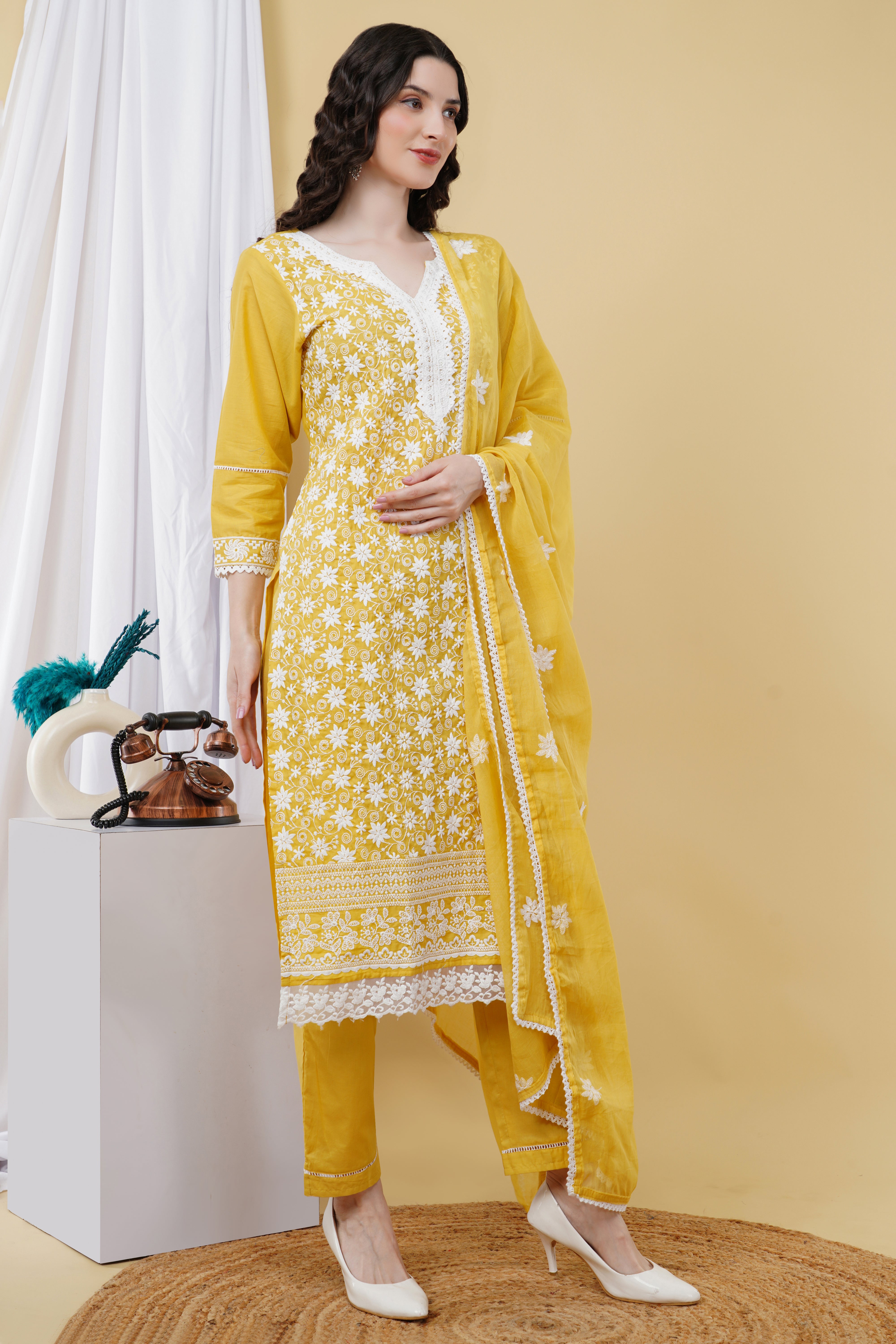 pure cotton thread embroidery kurta set K563 (musturd - yellow)