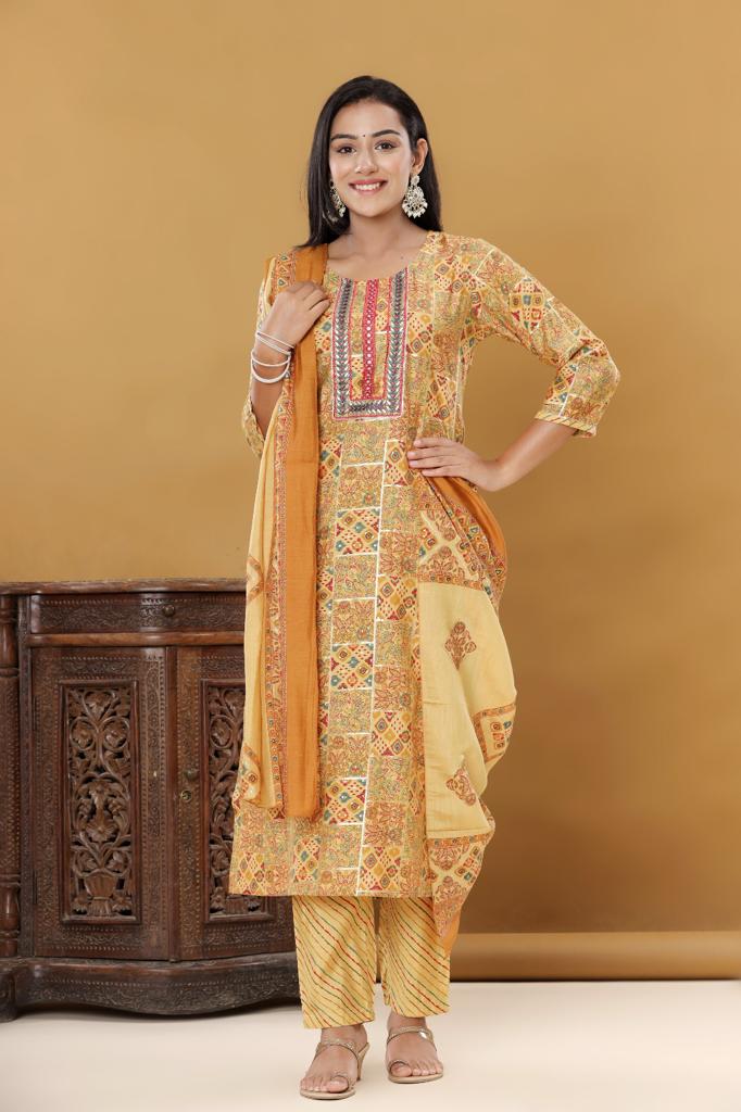 KAINOOSH modaal silk print with embroidery K518 MUSTURD