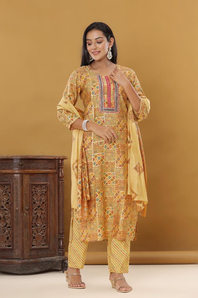 KAINOOSH modaal silk print with embroidery K518 MUSTURD