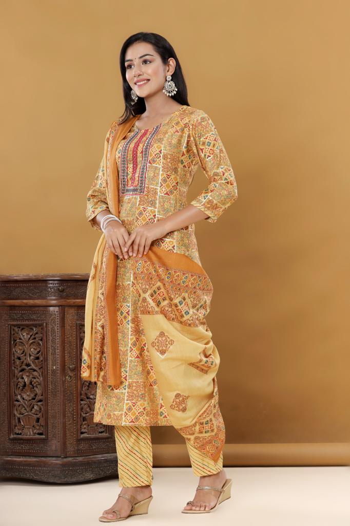 KAINOOSH modaal silk print with embroidery K518 MUSTURD