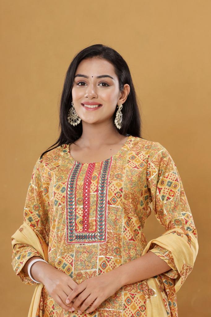 KAINOOSH modaal silk print with embroidery K518 MUSTURD