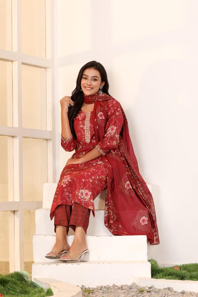 KAINOOSH festive wear modaal silk digital print with embroidery K525 Reddish maroon