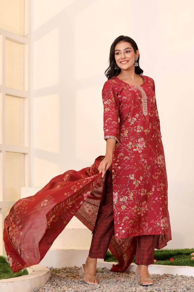 KAINOOSH festive wear modaal silk digital print with embroidery K525 Reddish maroon