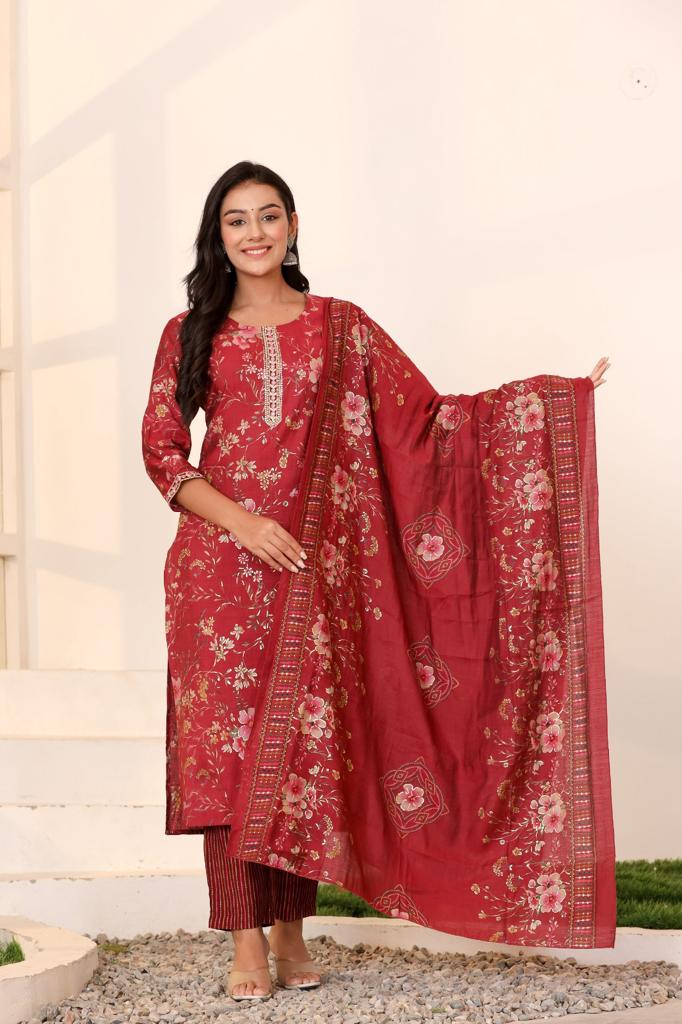 KAINOOSH festive wear modaal silk digital print with embroidery K525 Reddish maroon