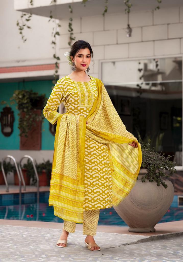 musturd colour pure cotton printed with cotton printed bottom and dupatta K554