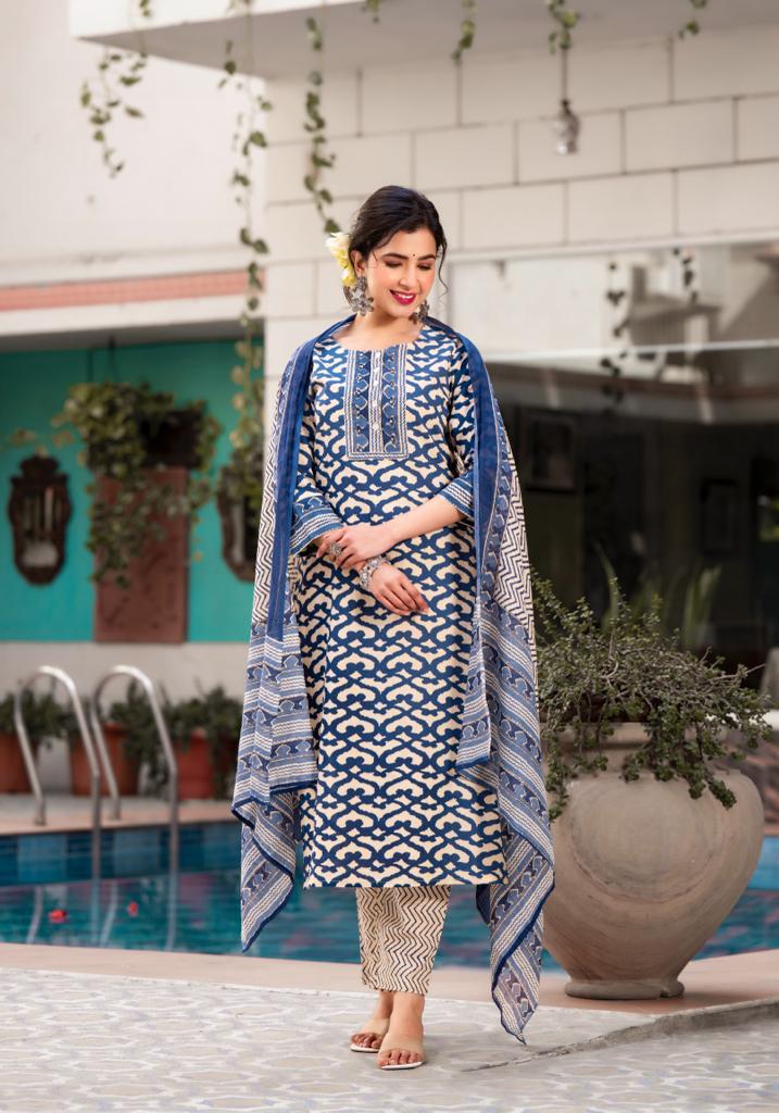 BLUE pure cotton printed with embroidery with printed cotton bottom dupatta K554