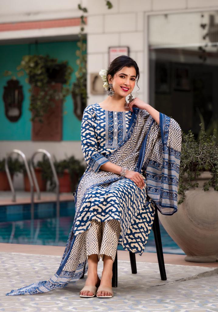 BLUE pure cotton printed with embroidery with printed cotton bottom dupatta K554