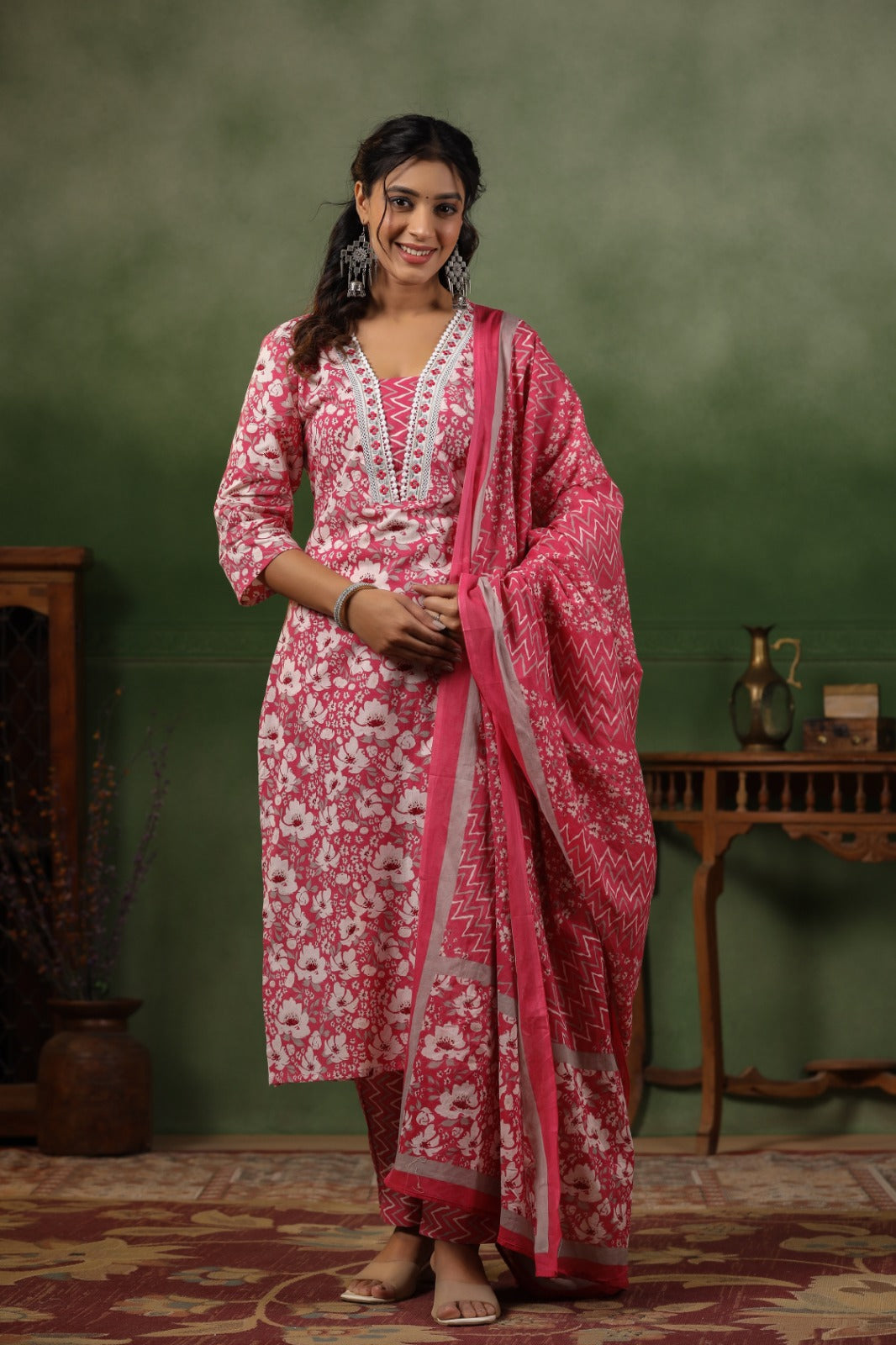 PINK pure cotton printed with embroidery with cotton printed dupatta and bottom K557