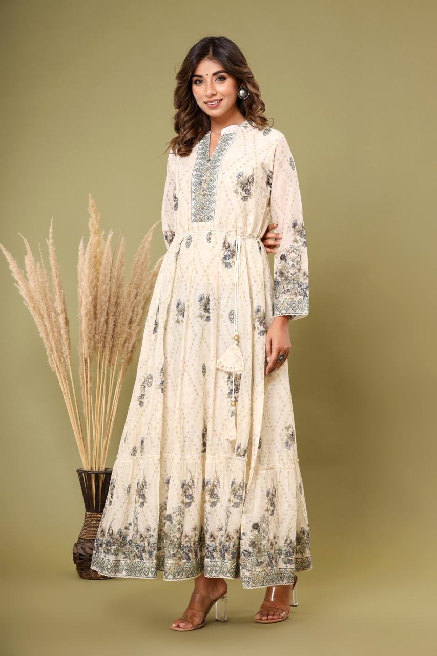 pure cotton long dress K566 cream*green