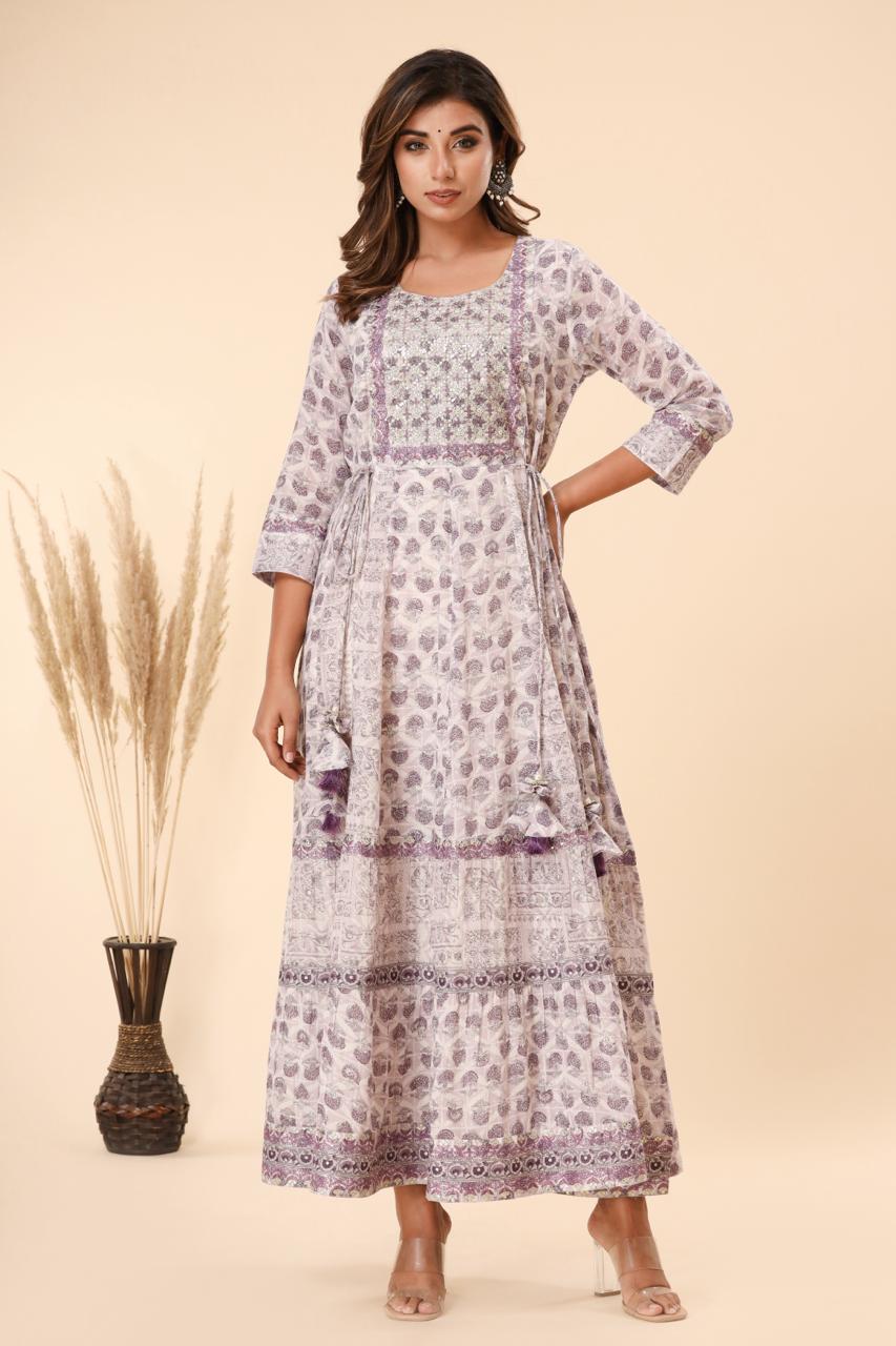 pure cotton long dress K566 lavender