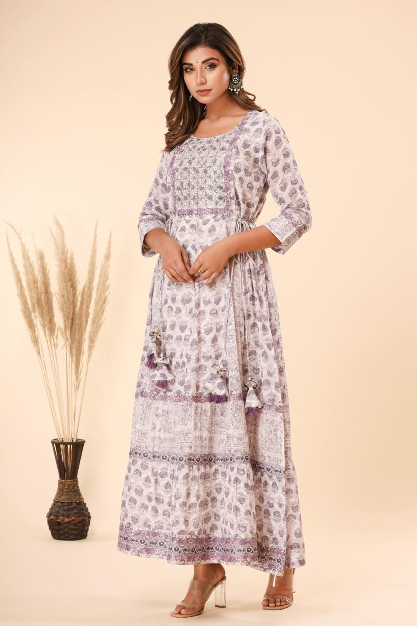 pure cotton long dress K566 lavender