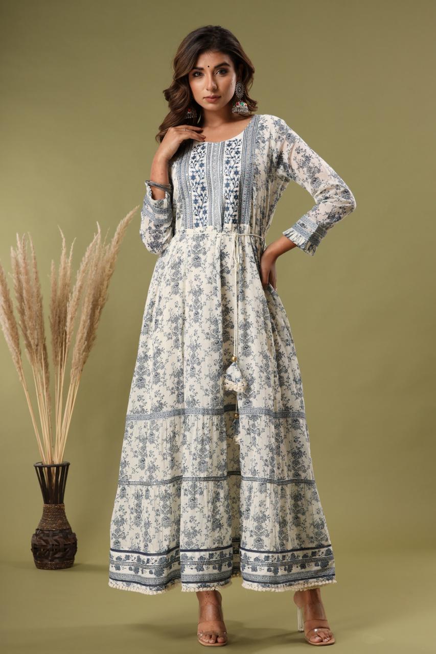 pure cotton long dress K566 cream*blue