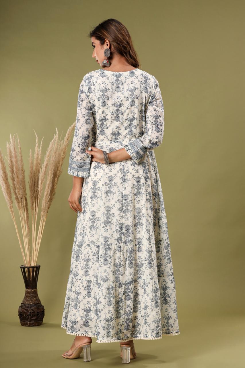 pure cotton long dress K566 cream*blue