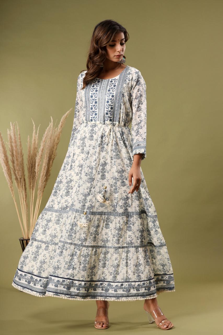 pure cotton long dress K566 cream*blue