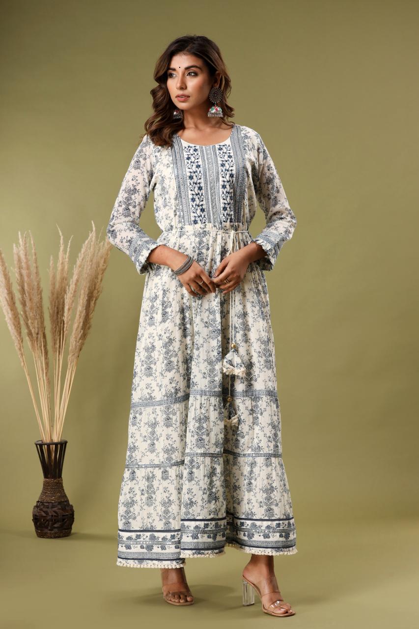 pure cotton long dress K566 cream*blue