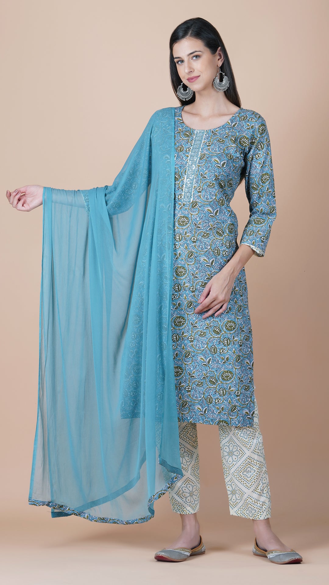 KAINOOSH PURE COTTON KURTA SET WITH THREAD EMBROIDERY - GREEN (K356)