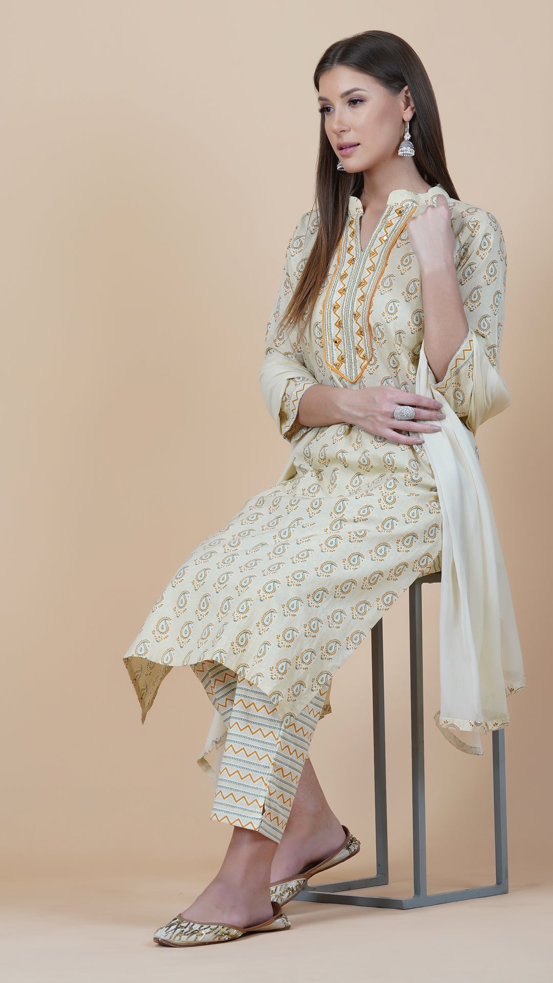 KAINOOSH  CAMBRIC KURTA SET - BEIGE (K340)