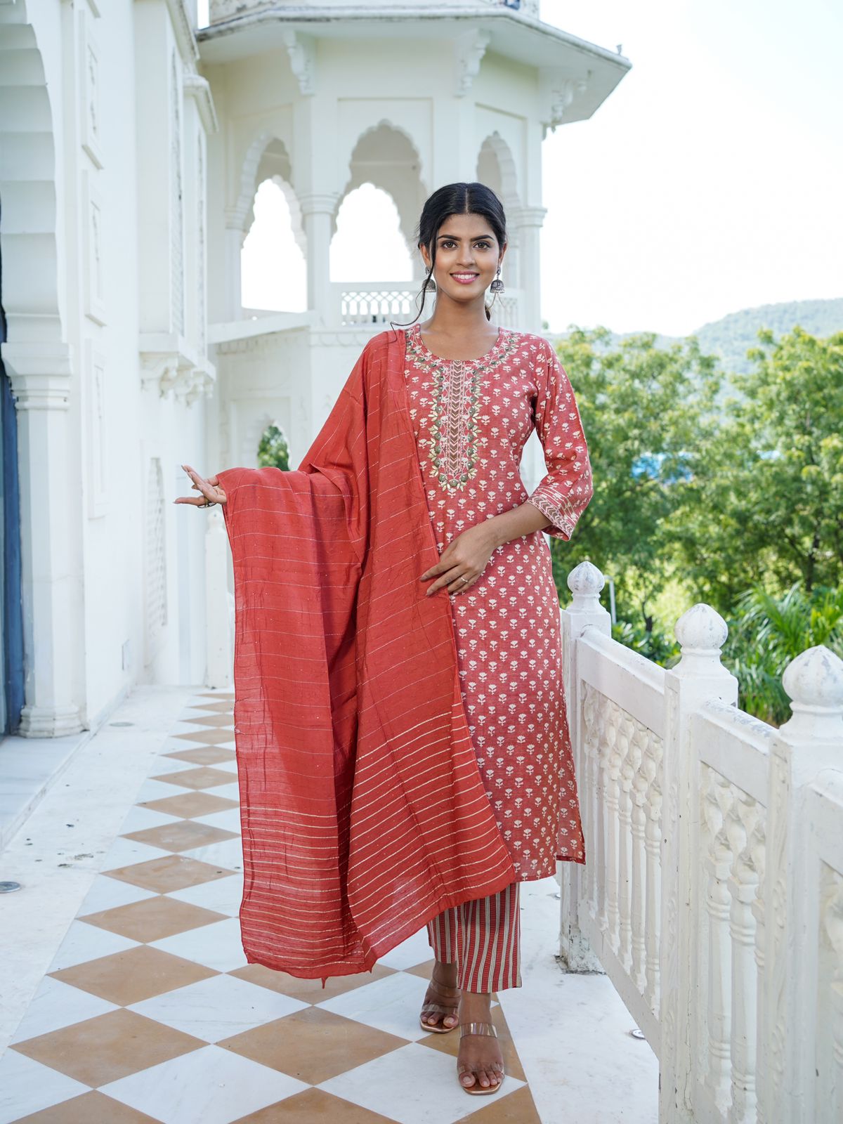 KAINOOSH silk digital printed kurta set with embroidery (K383) rust red