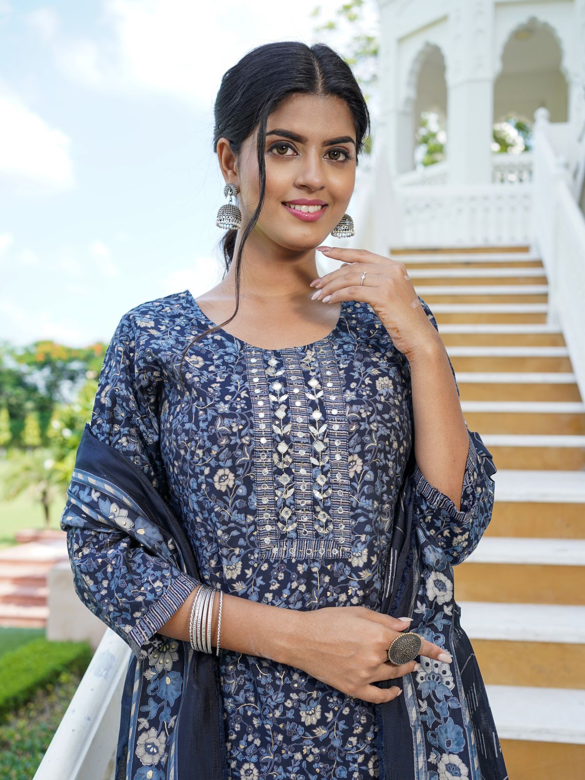 KAINOOSH modaal silk kurta set with digital print and hand embroidery (K382) NAVY BLUE