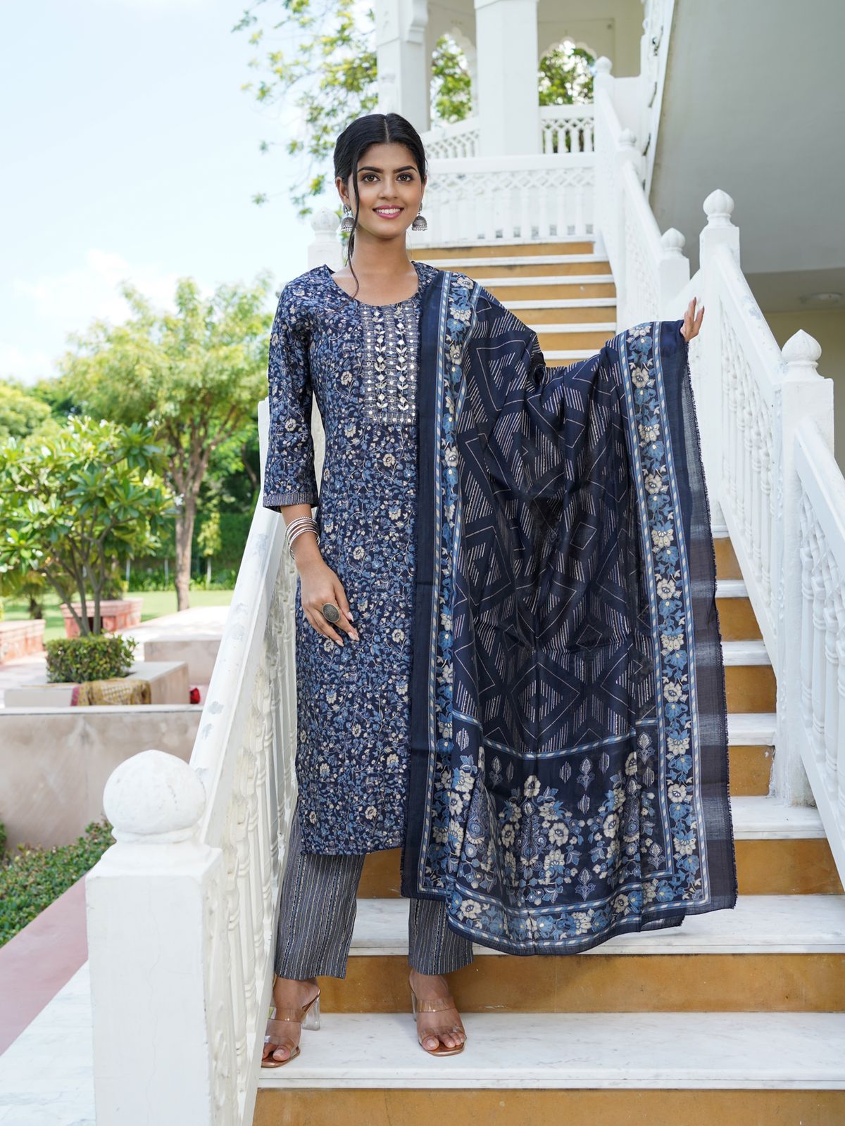 KAINOOSH modaal silk kurta set with digital print and hand embroidery (K382) NAVY BLUE