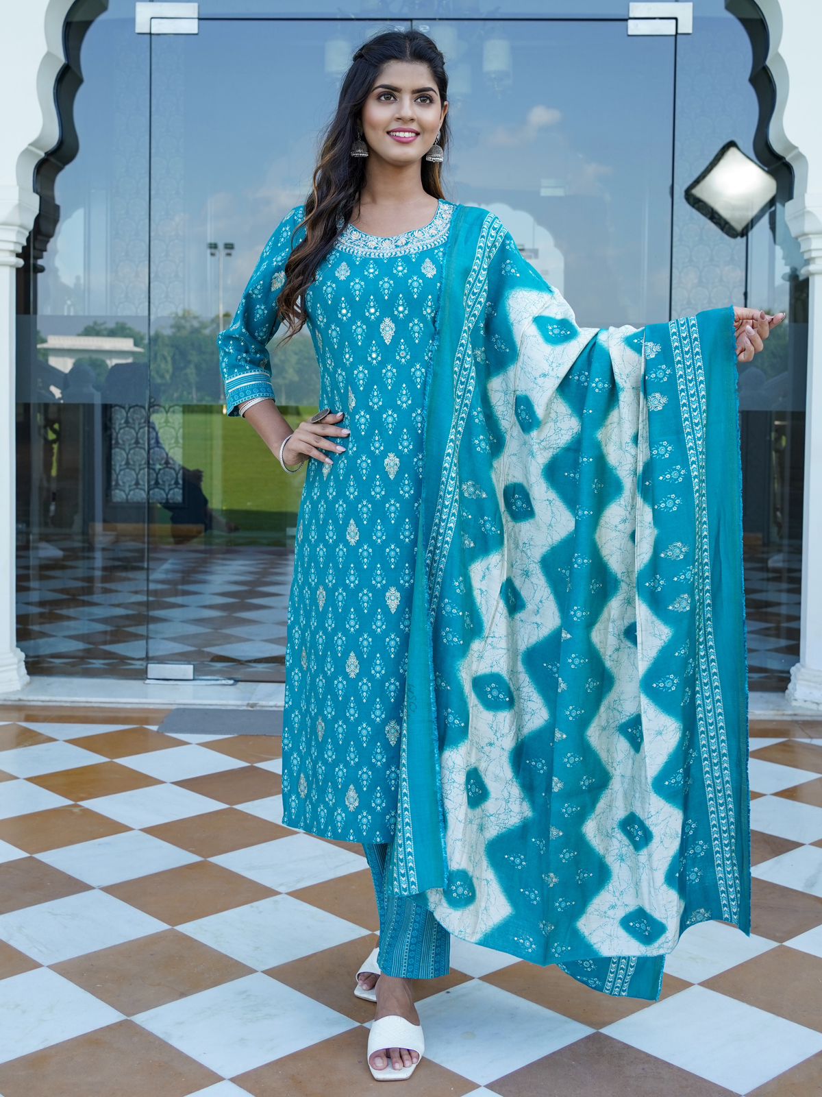 KAINOOSH ocean blue kurta set with fine embroidery (K393)