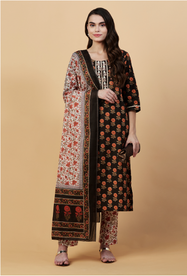 KAINOOSH PURE COTTON BLOCK PRINTED KURTA SET WITH EMBROIDERY